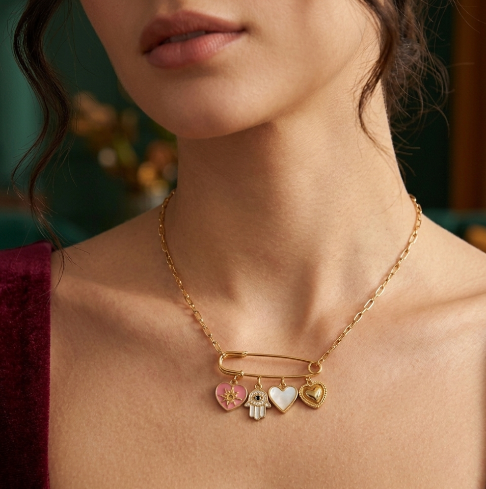Hamsa Heart Safety Pin Charm Necklace