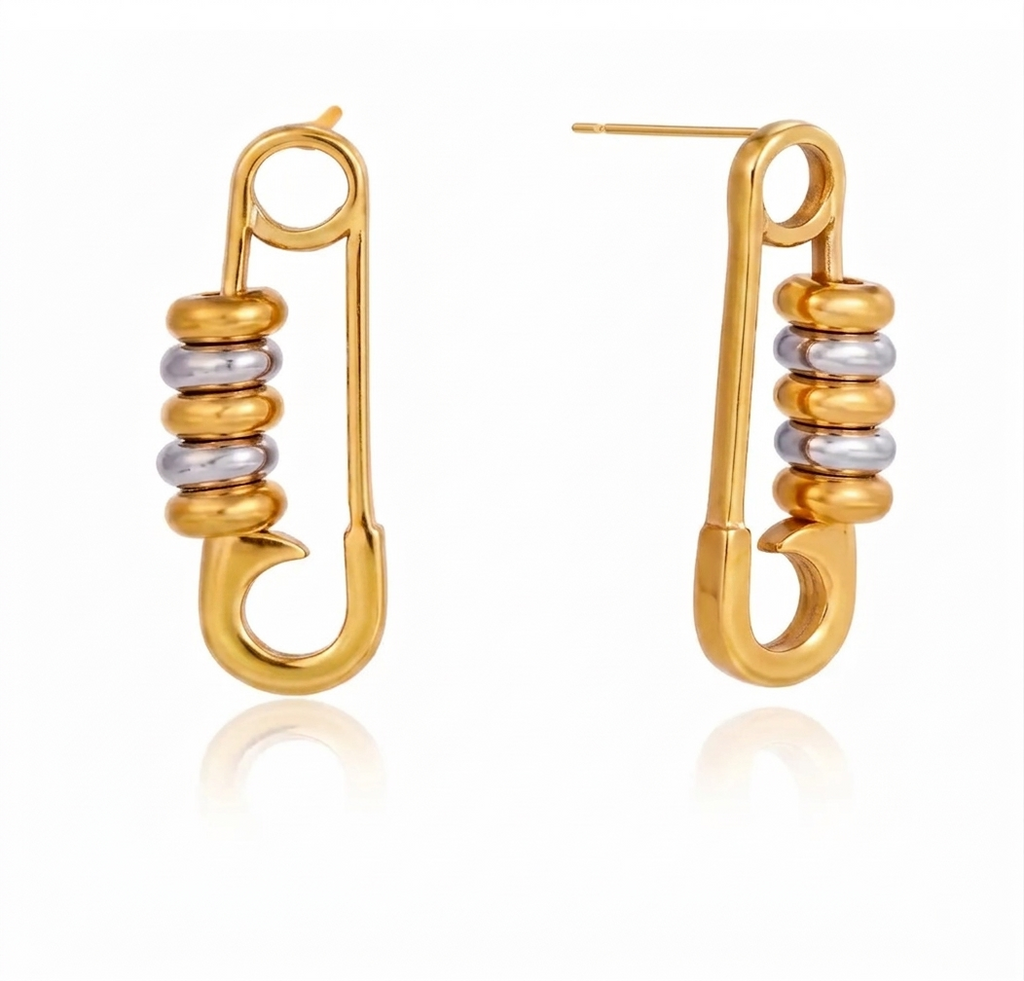 Two-Tone Safety Pin Drop Earrings