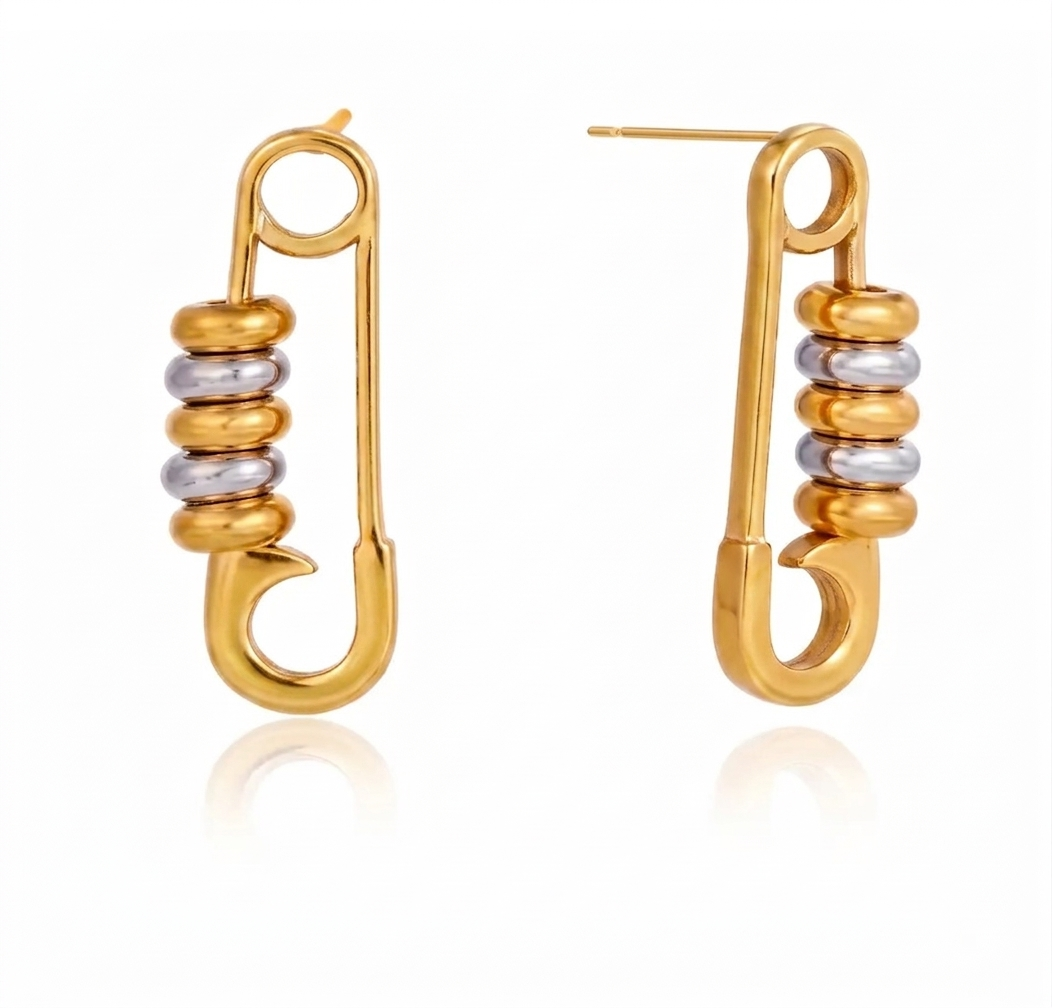 Two-Tone Safety Pin Drop Earrings