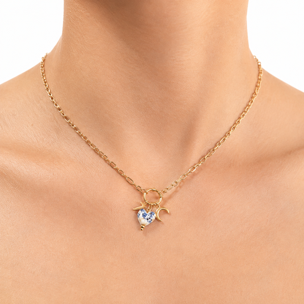 Porcelain Fish and Crescent Charm Necklace model image