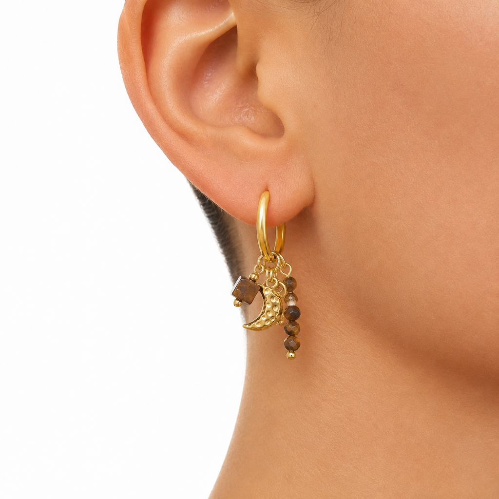 Sun Moon Tiger Eye Charm Hoops model image