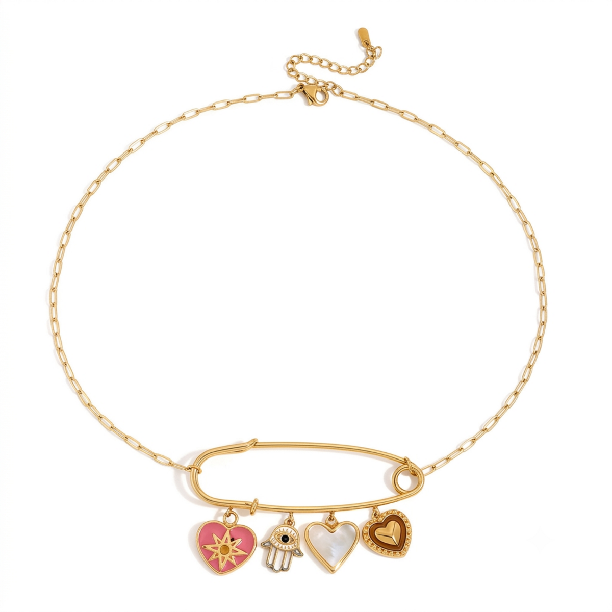 Hamsa Heart Safety Pin Charm Necklace product image