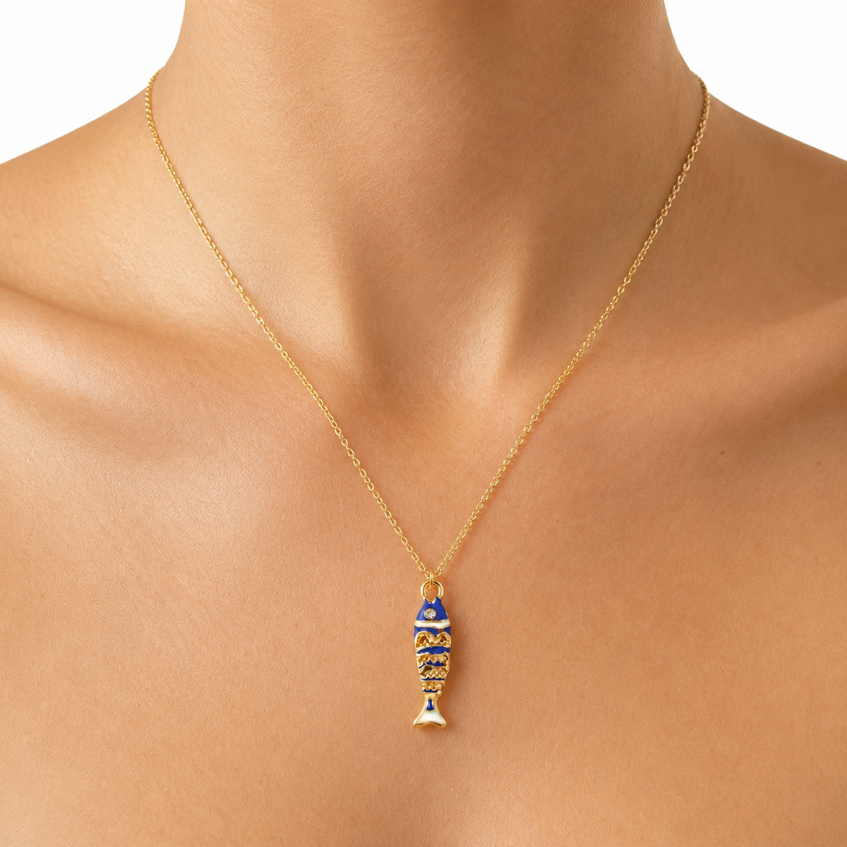 Blue Enamel Fish Pendant Necklace model image