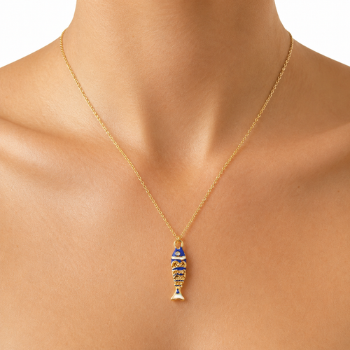 Blue Enamel Fish Pendant Necklace model image