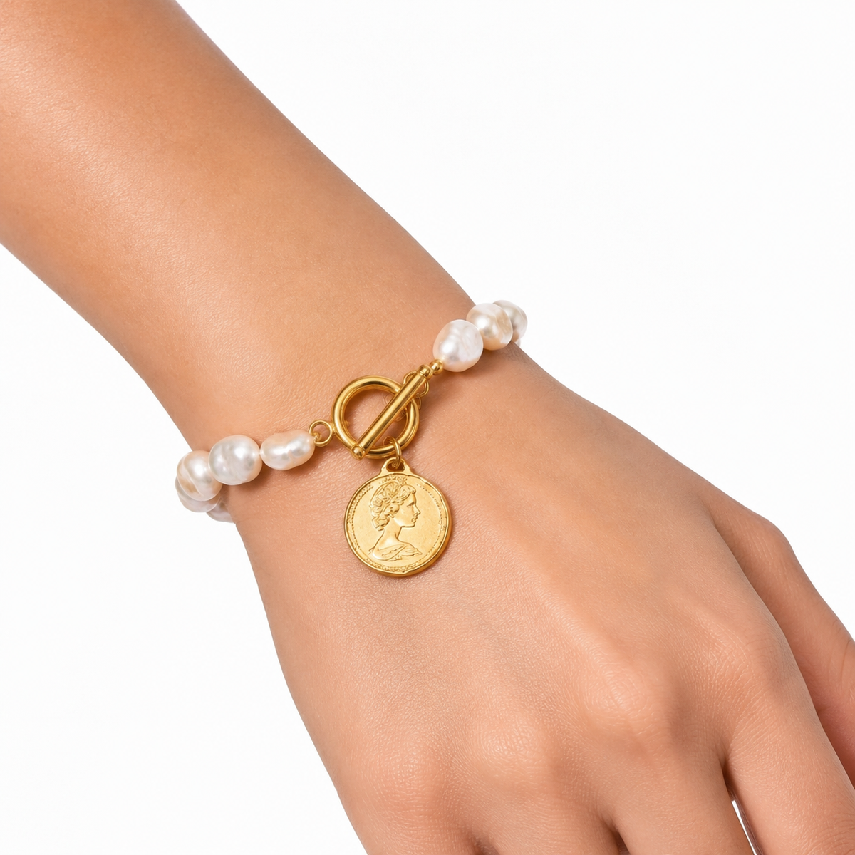 Baroque Pearl Coin Toggle Bracelet model image