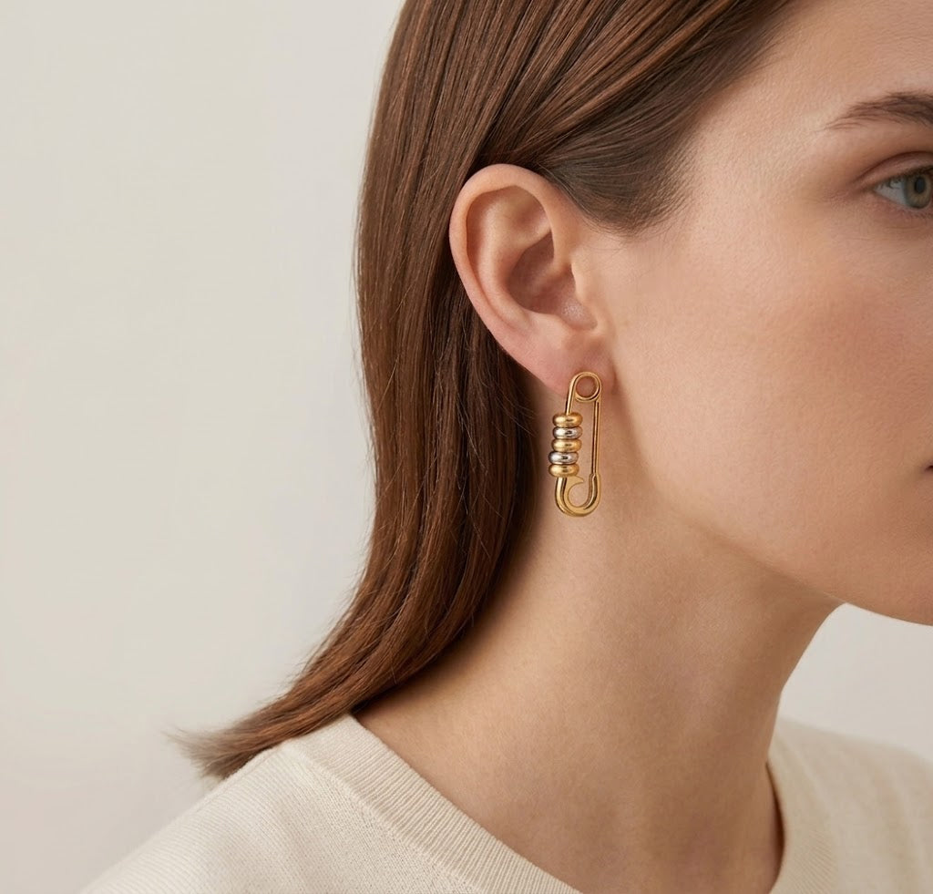 Two-Tone Safety Pin Drop Earrings