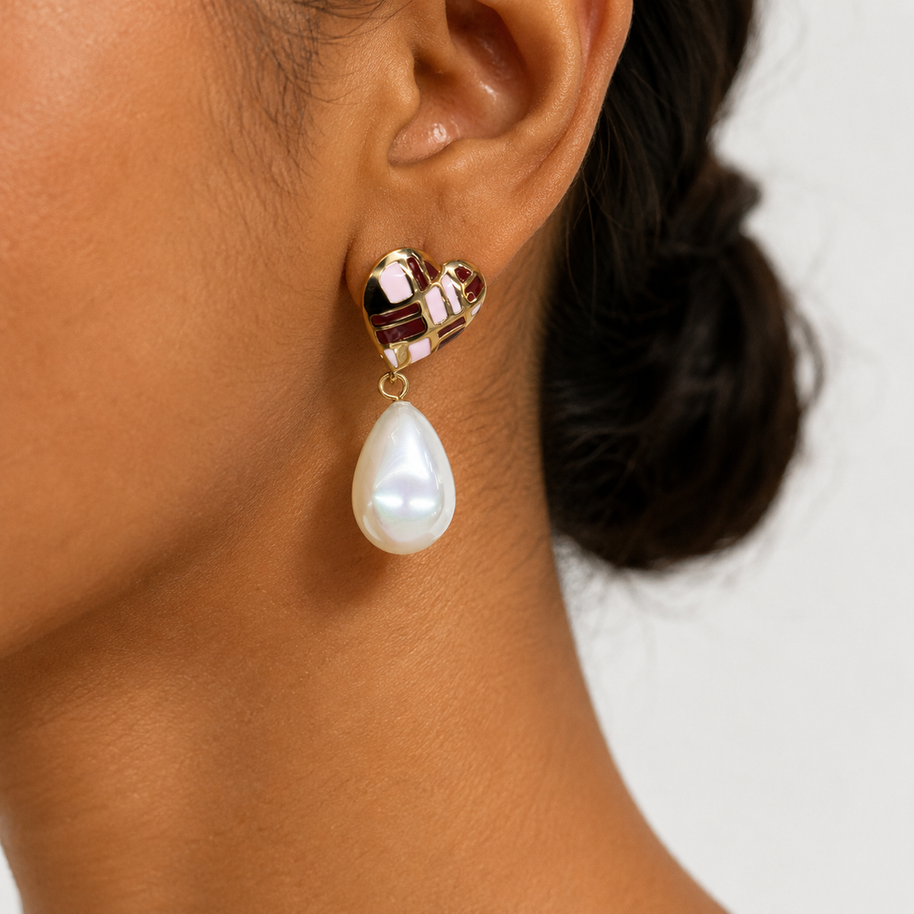 Mosaic Heart Pearl Drop Earrings model image