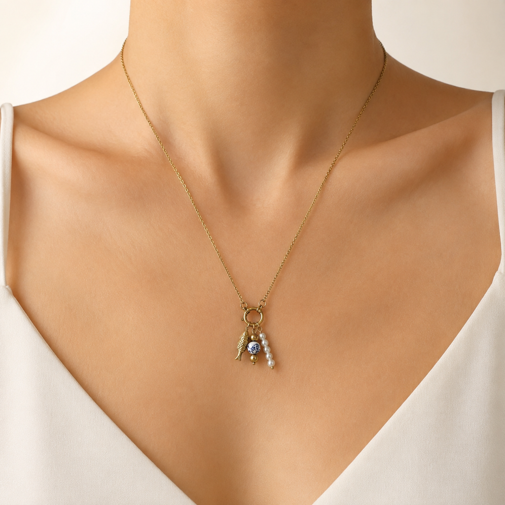 Porcelain Fish Charm Necklace model image